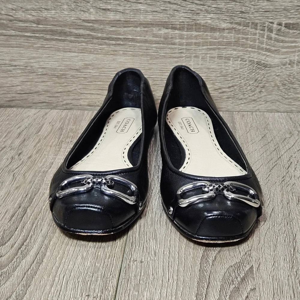 Coach Black Leather Square Toe Ballet Flats Silver Chain Link Buckle Detail 7.5B
